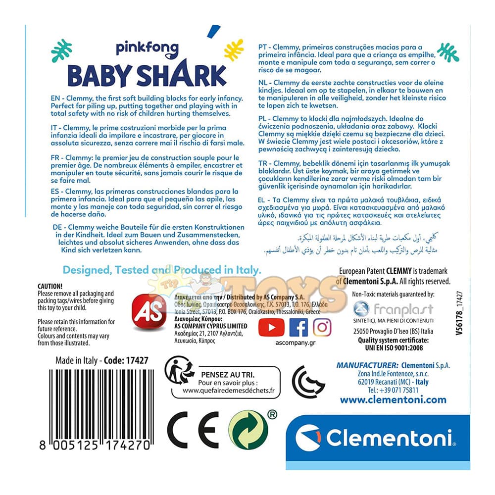 Clementoni Cuburi moi Soft Clemmy Baby Shark galben 17427 6 piese