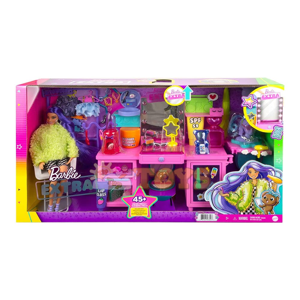 Barbie Set de joacă Păpușă cu păr mov și măsuță de toaletă GYJ70