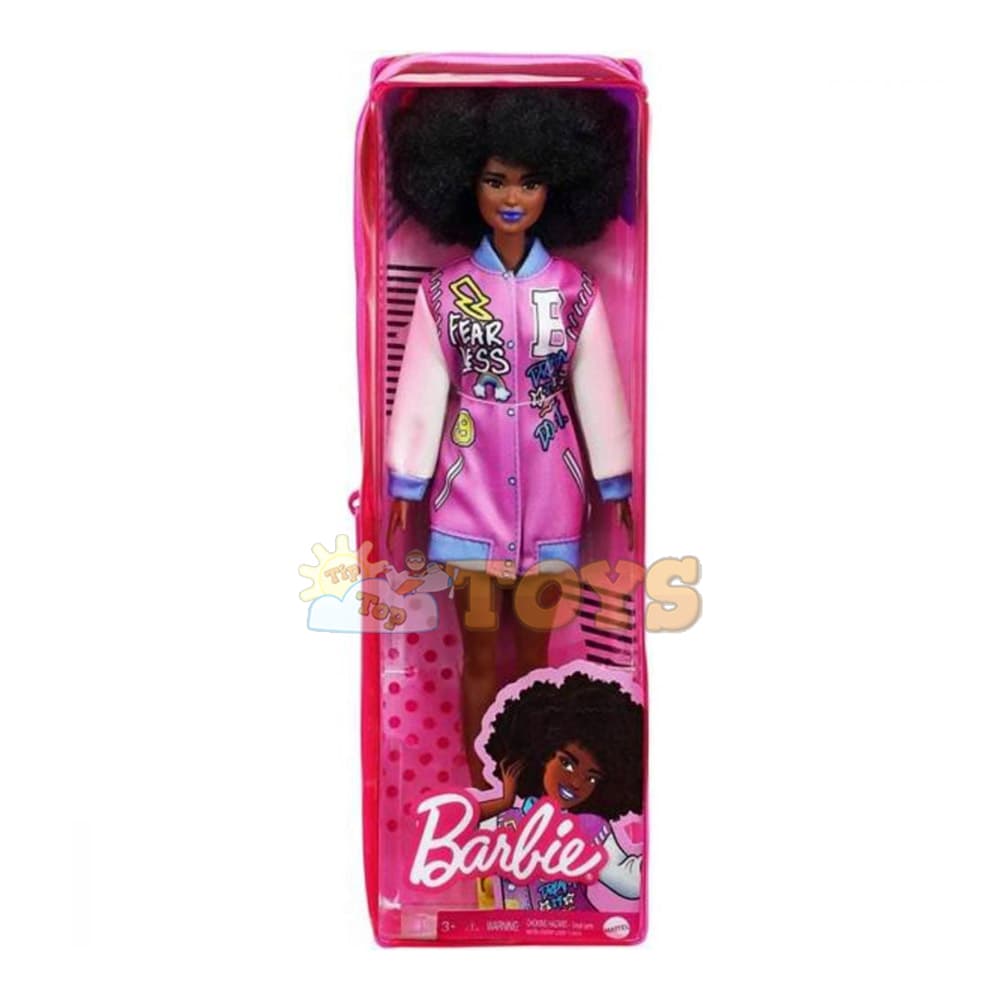 Păpușă Barbie Fashionistas #156 cu părul afro și jachetă mov GRB48
