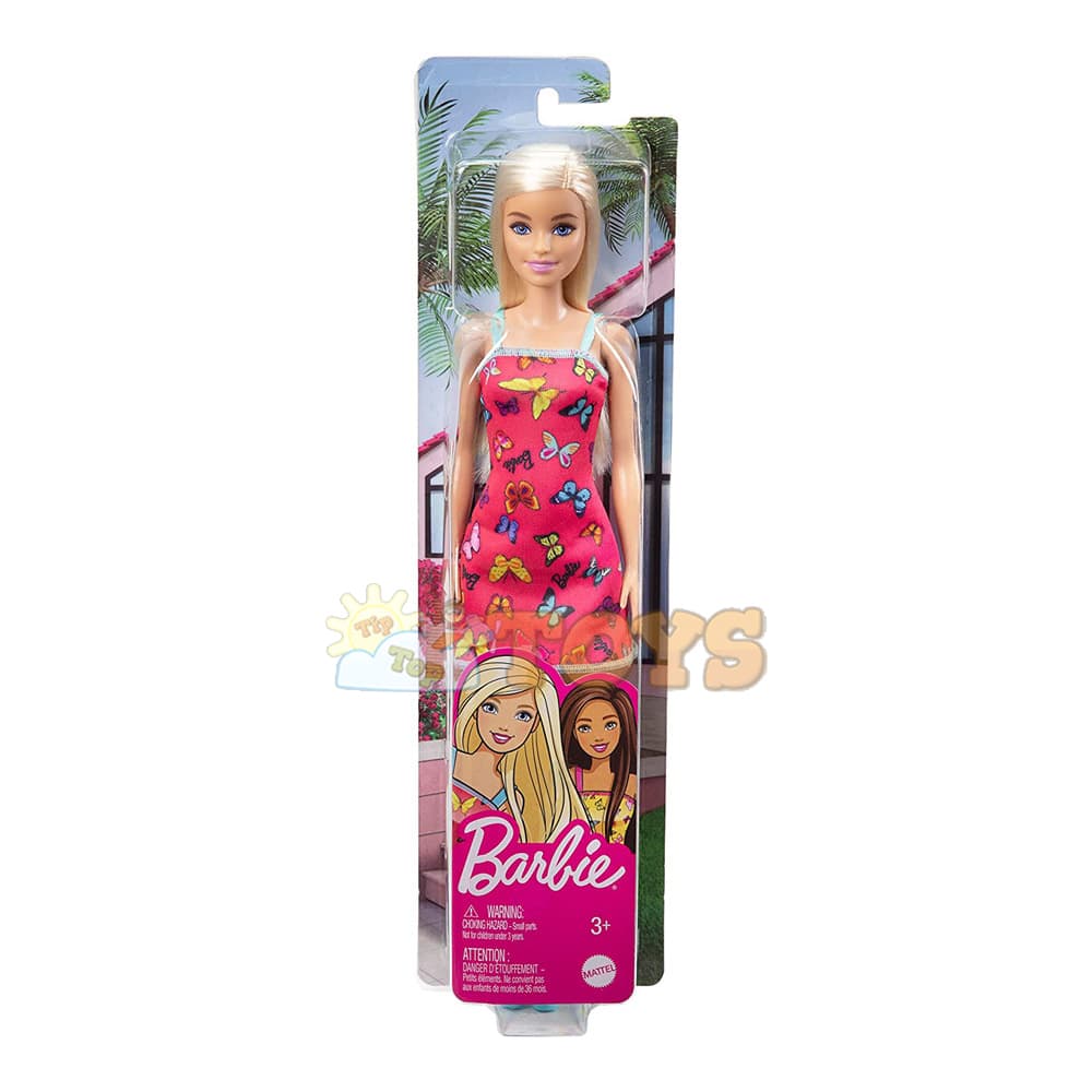 Păpușă Barbie Chic cu păr blond rochie roz model fluturași HBV05