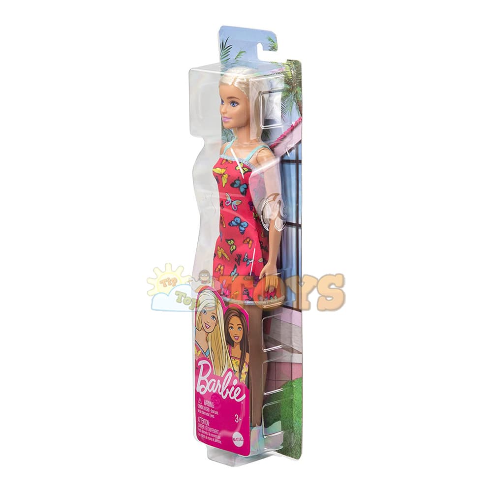 Păpușă Barbie Chic cu păr blond rochie roz model fluturași HBV05