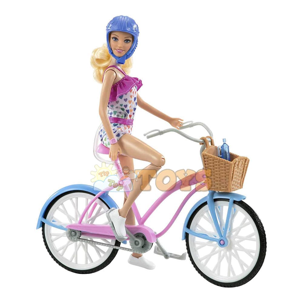Set de joacă păpușă Barbie cu bicicletă și cască protecție HBY28