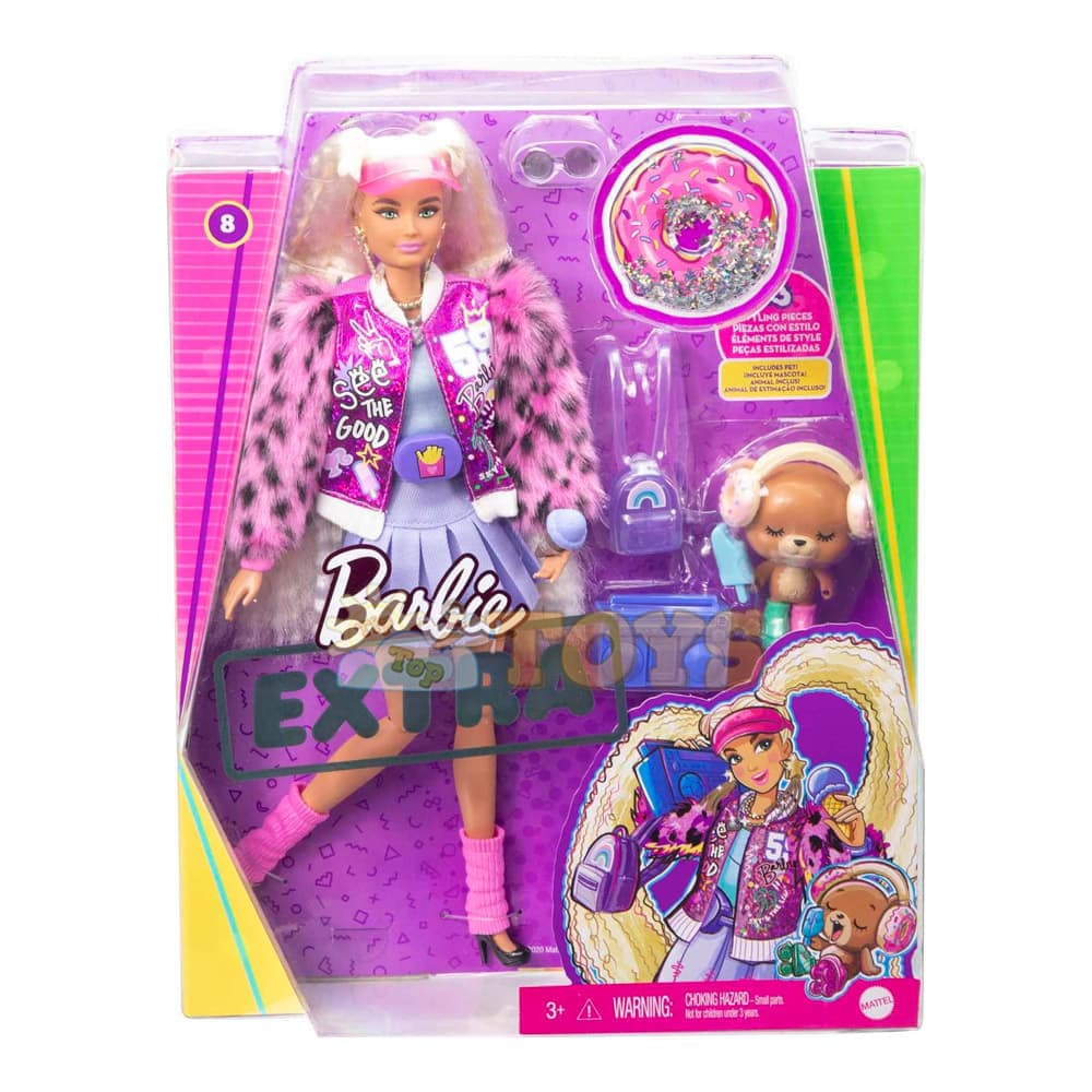 Păpușă Barbie Extra cu păr blond în codițe cu ursuleț GYJ77 Mattel