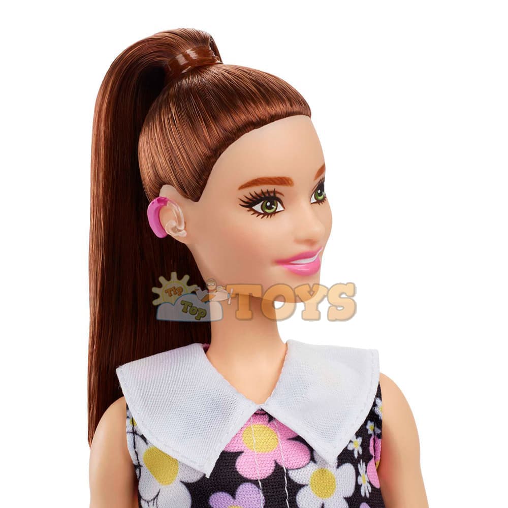 Păpușă Barbie Fashionistas cu aparat auditiv și rochie cu flori HBV19