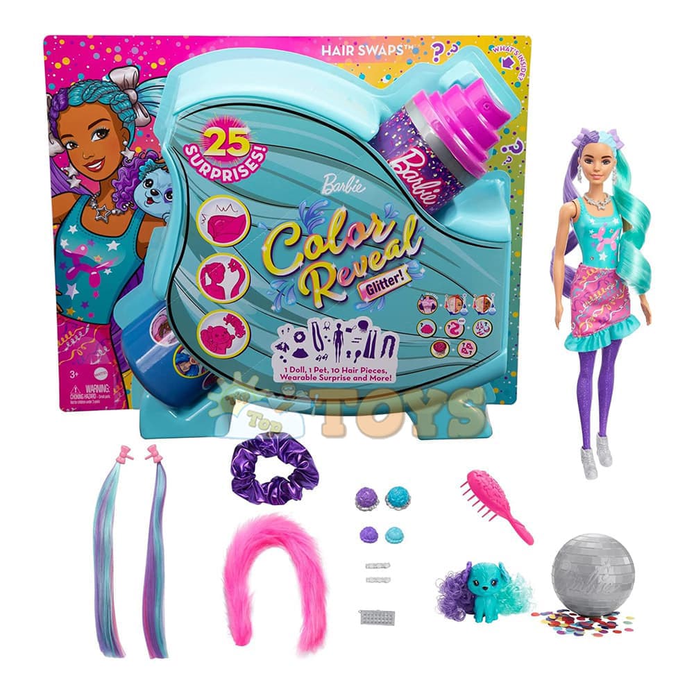 Set de joacă Barbie Color Reveal Sclipici Păpușă păr glitter HBG41