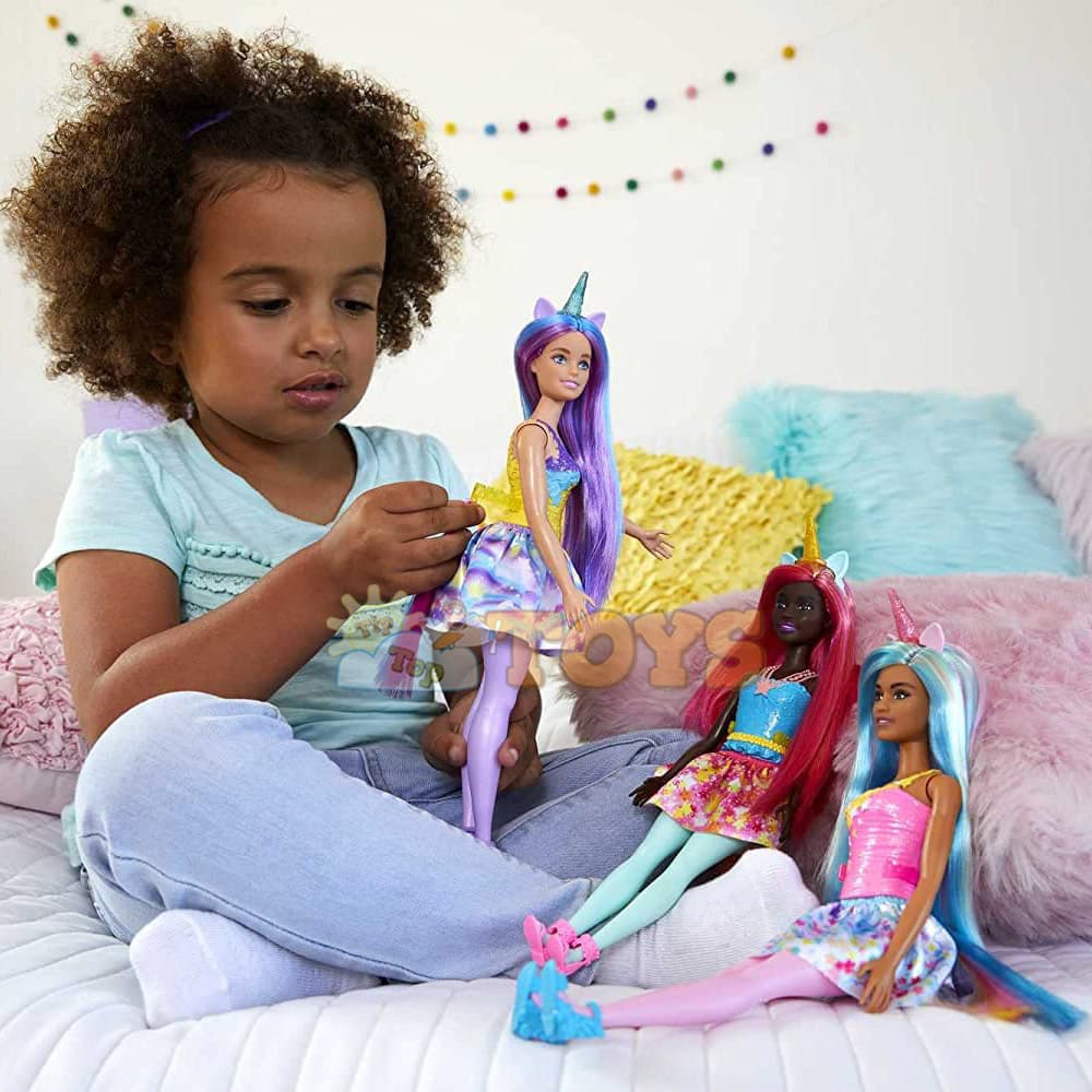 Păpușă Barbie Dreamtopia Unicorn cu păr albastru - mov HGR20