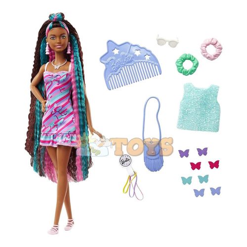 Păpușă Barbie cu păr lung și accesorii Totally Hair Hearts HCM91