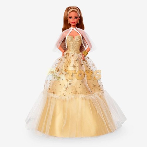 Păpușă Barbie Signature Holiday 2023 șatenă cu rochie aurie HJX06